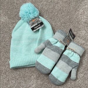 Field & Stream Mint Pom Beanie and Mint‑Gray Striped Mittens Set